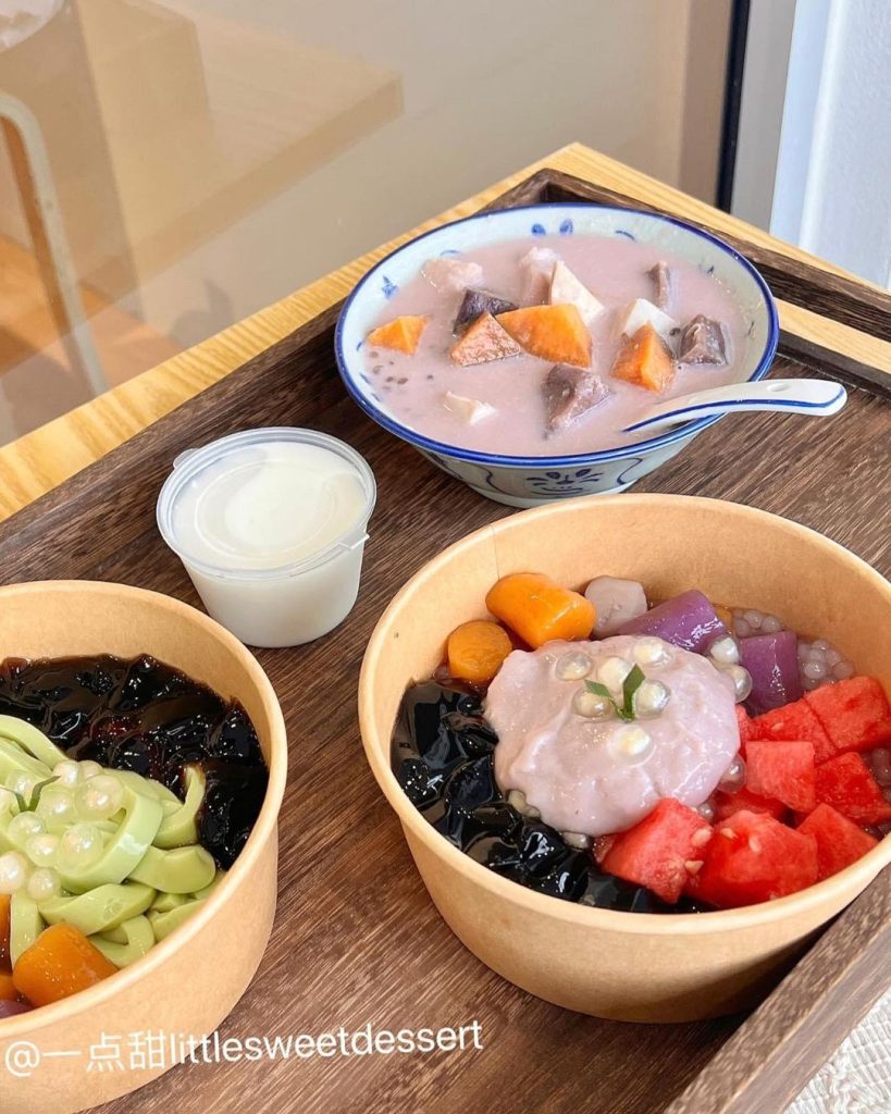 Various desserts with yam paste, yam cubes and chewy yam boba from Little Sweet Dessert.